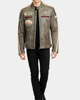 Mens Biker Leather Jacket with Badges Zenith Brown